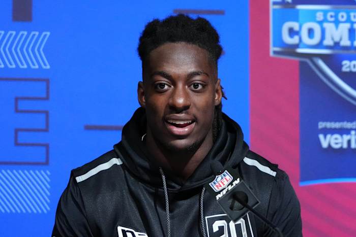 Mar 2, 2022; Indianapolis, IN, USA; Virginia Cavaliers tight end Jelani Woods during the NFL Combine at Lucas Oil Stadium. Mandatory Credit: Kirby Lee-USA TODAY Sports